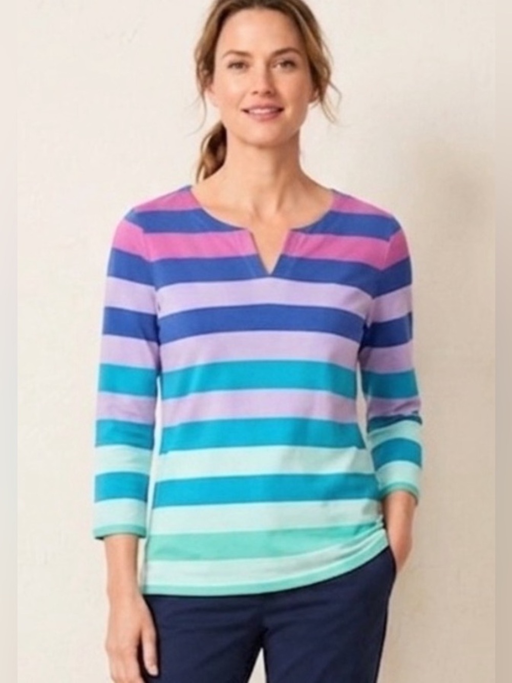 Talbots Striped V-Neck Tee — Pink, Navy, Lavender, Teal & Mint
